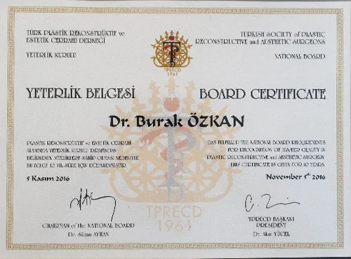 TURK PLASTIK REKONSTRUKTIF ve ESTETIK CERRAHI DERNEGI YETERLILIK BELGESI 2016